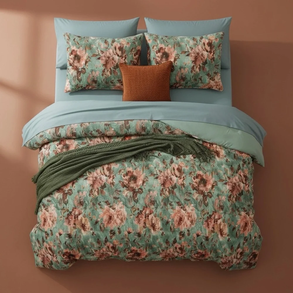 NEW Anthro 7 Piece Green Velvet Boho Queen / King Bedding Comforter & Sham Set